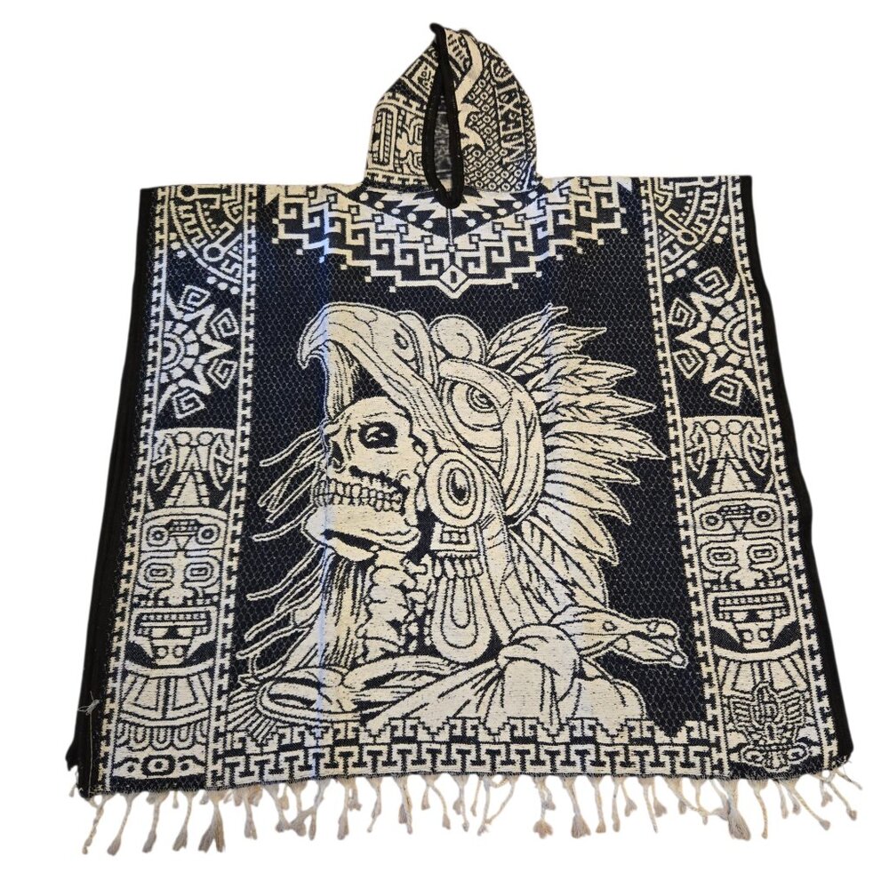 Mexican Poncho with National Emblem and Aztec Calendar Design | Black